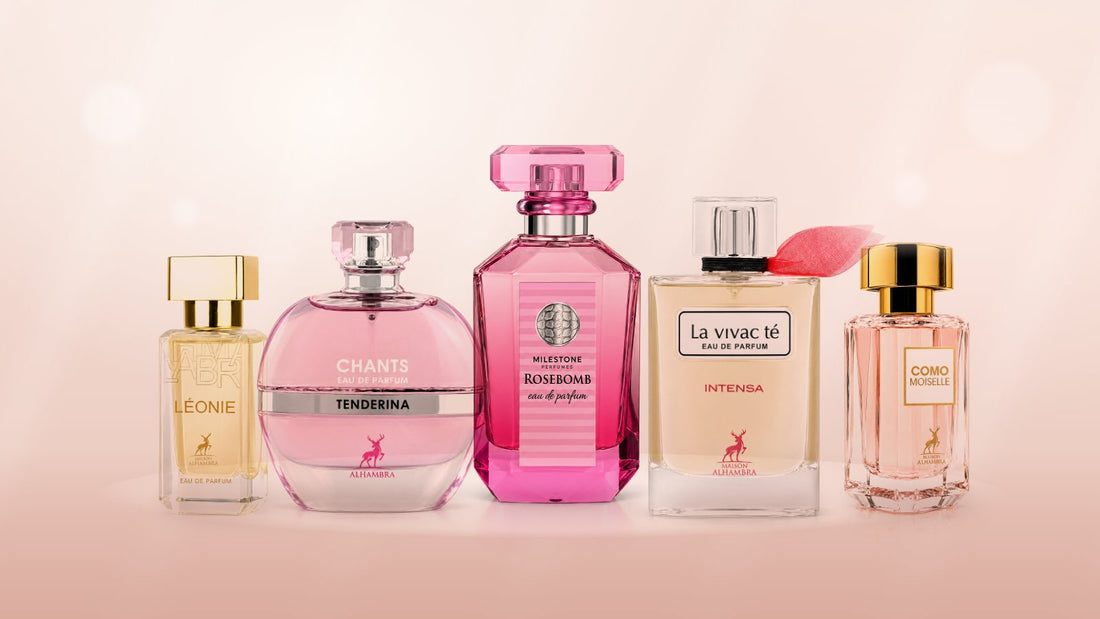 Parfumuri arăbești pentru femei: Maison Alhambra Leonie, Chants Tenderina, Milestone Rosebomb, La Vivacité Intensa și Como Moiselle