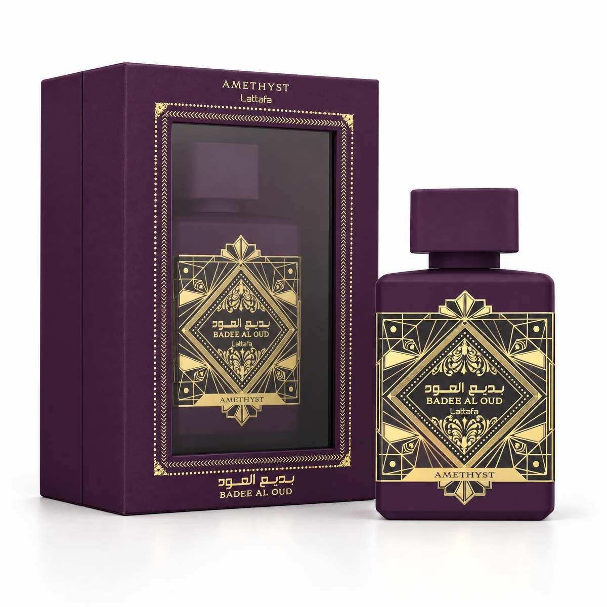 Lattafa Badee Al Oud Amethyst Eau de Parfum 100 ml unisex, flacon și cutie