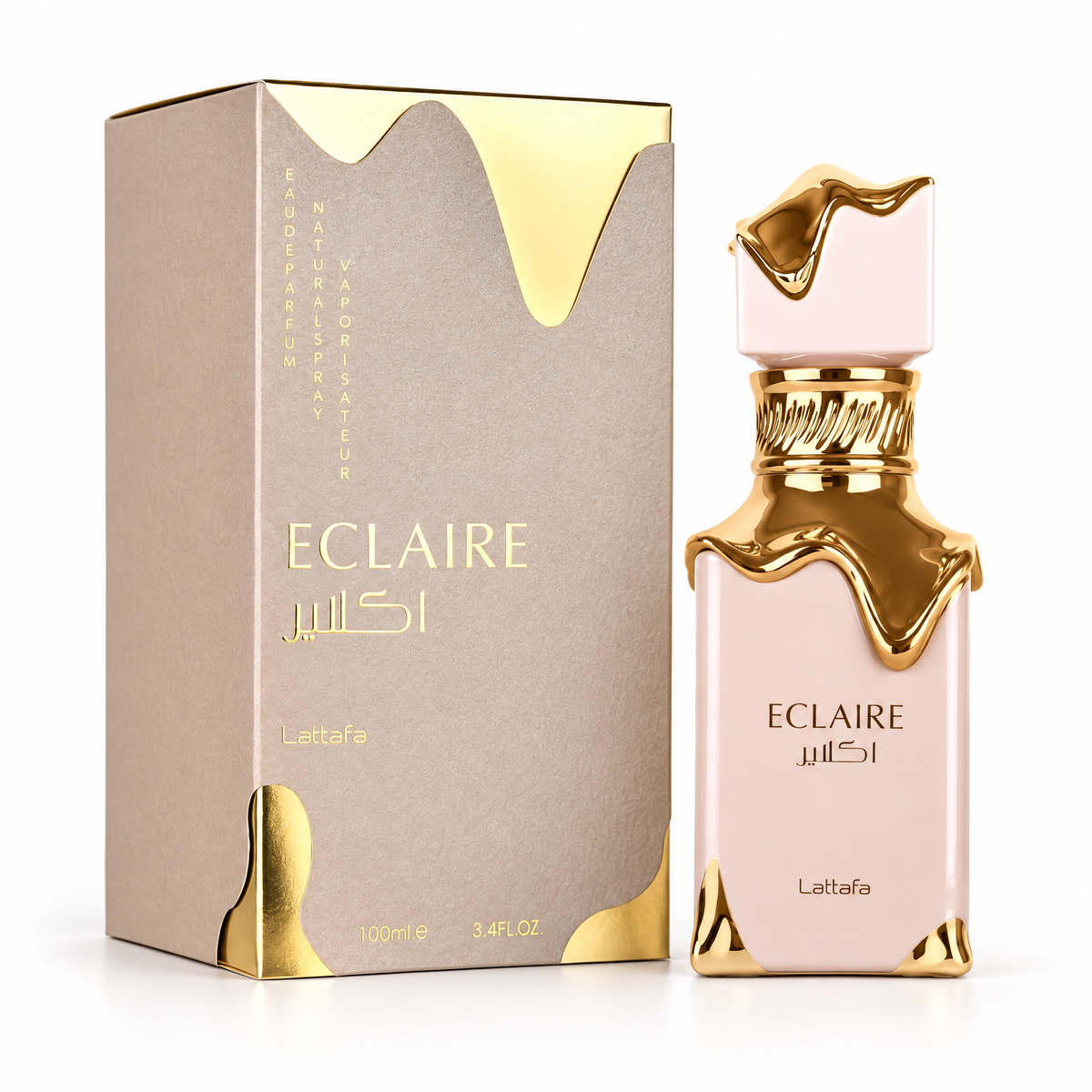 Lattafa Eclaire Eau de Parfum 100 ml pentru femei, flacon și ambalaj