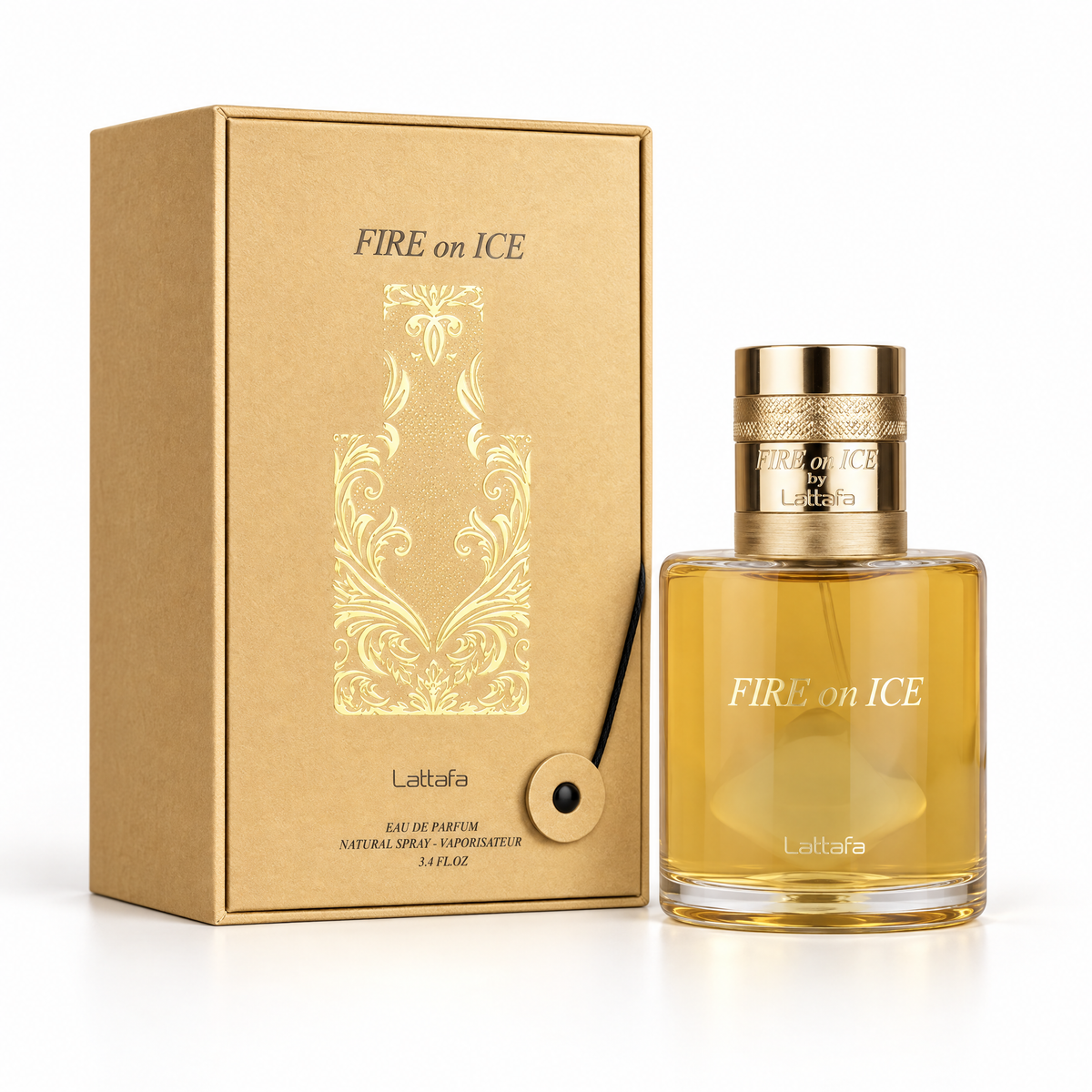 Lattafa Fire On Ice Eau de Parfum 110 ml unisex, flacon și cutie 