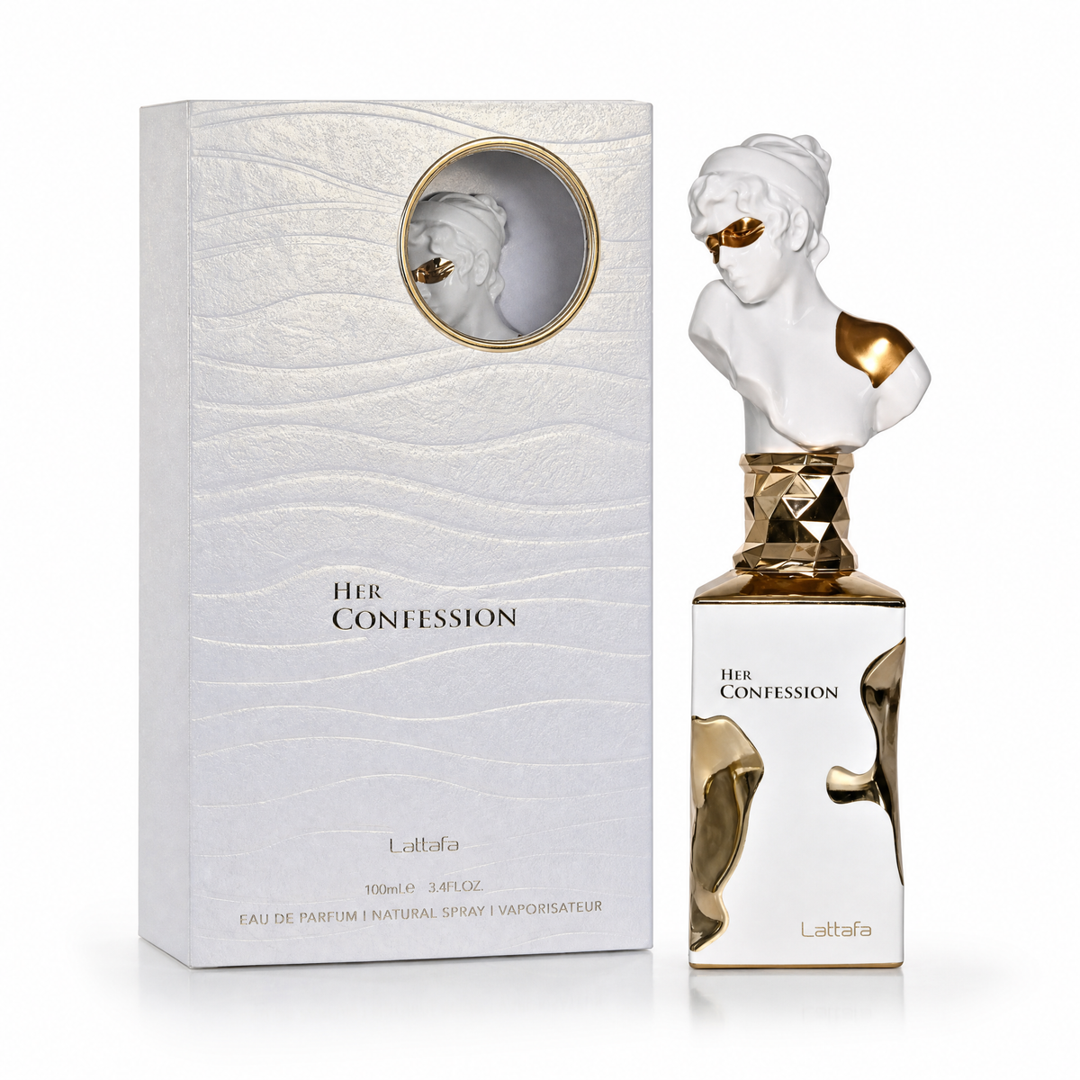 Lattafa Her Confession Eau de Parfum 100 ml pentru femei, flacon și cutie