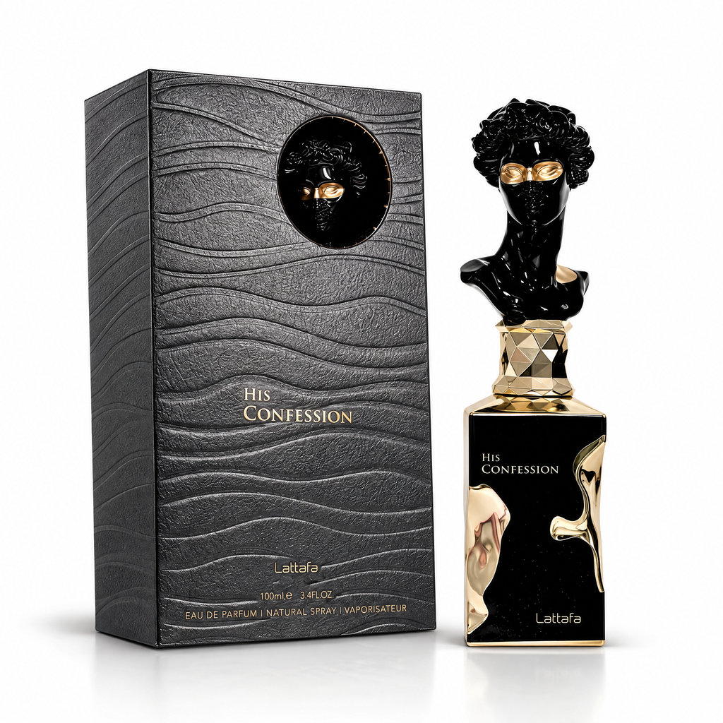 Flacon și cutie Lattafa His Confession Eau de Parfum pentru bărbați 100 ml