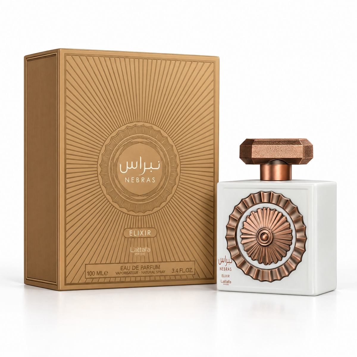 Flacon și cutie Lattafa Pride Nebras Elixir Eau de Parfum unisex 100 ml