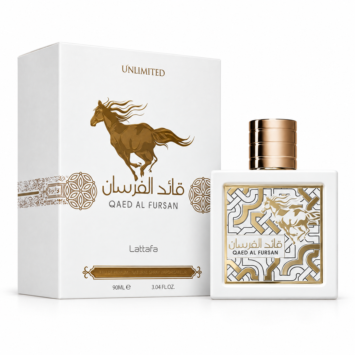 Lattafa Qaed Al Fursan Unlimited Eau de Parfum 90 ml, flacon și cutie