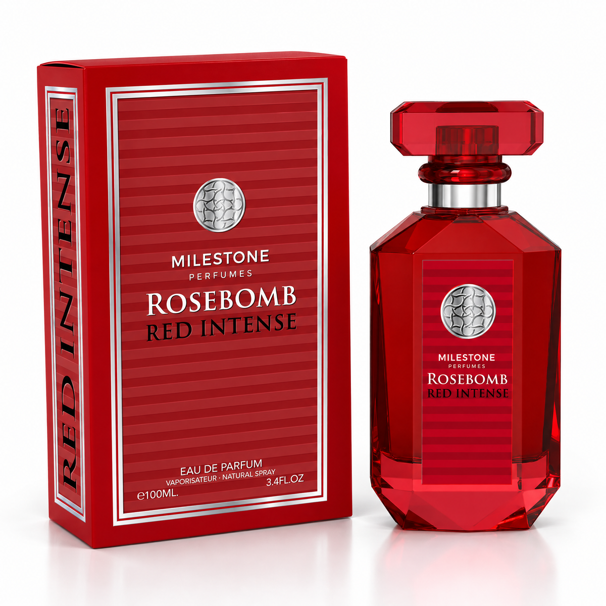 Milestone Rosebomb Red Intense Eau de Parfum 100 ml pentru femei, flacon și cutie