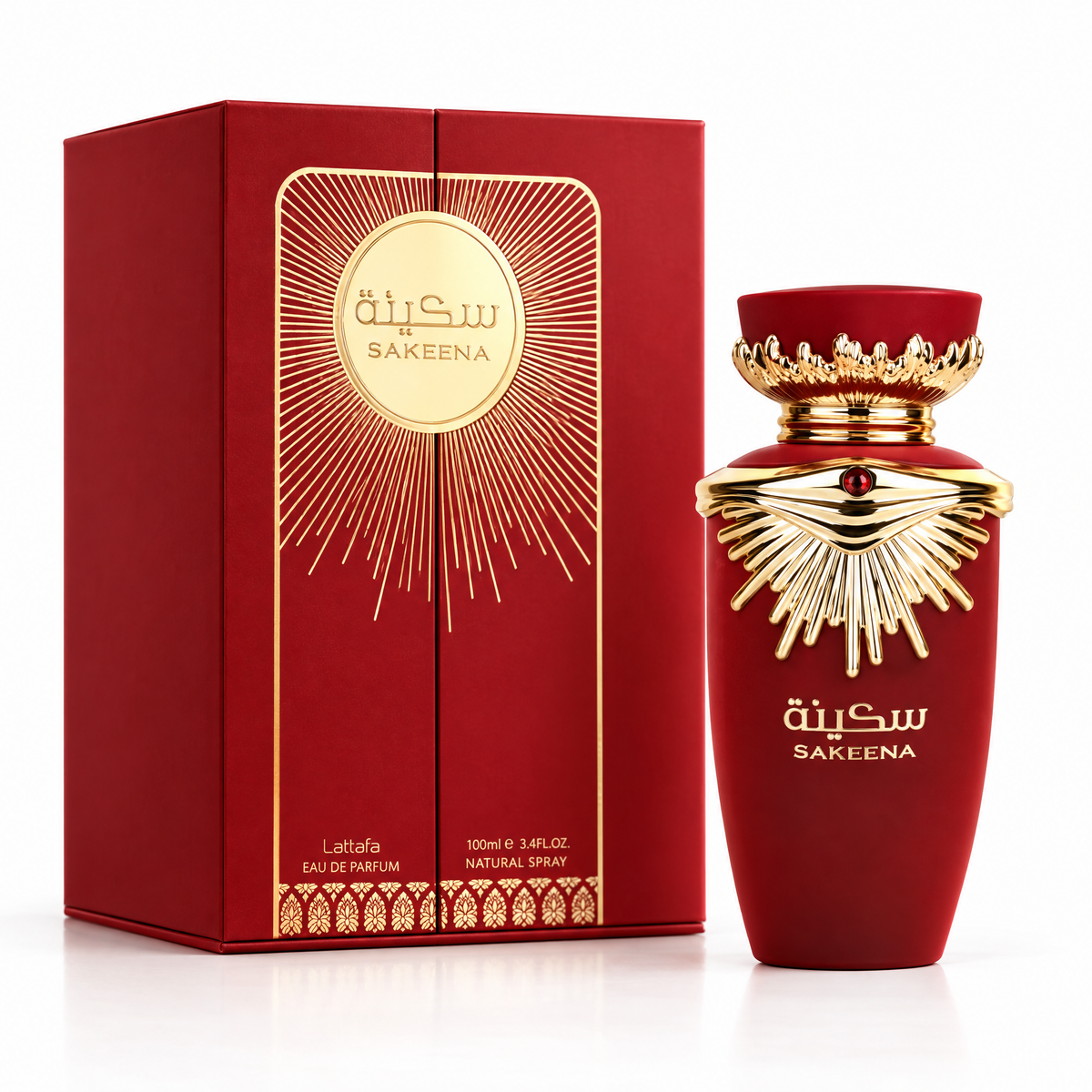 Lattafa Sakeena Eau de Parfum 100 ml pentru femei, flacon și cutie