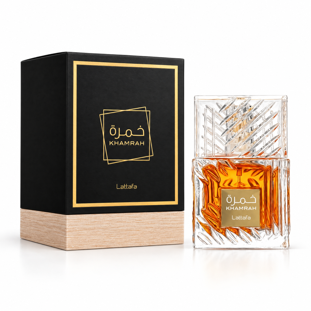 Lattafa Khamrah Eau de Parfum 100 ml unisex, flacon și cutie