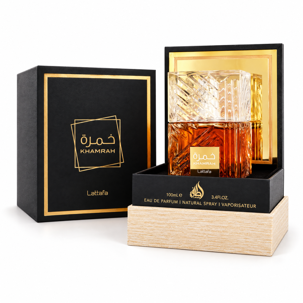 Lattafa Khamrah Eau de Parfum 100 ml unisex, flacon și cutie deschis